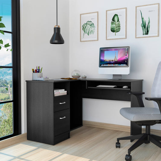 Black Lshaped desk with drawers and keyboard tray modern office furniture