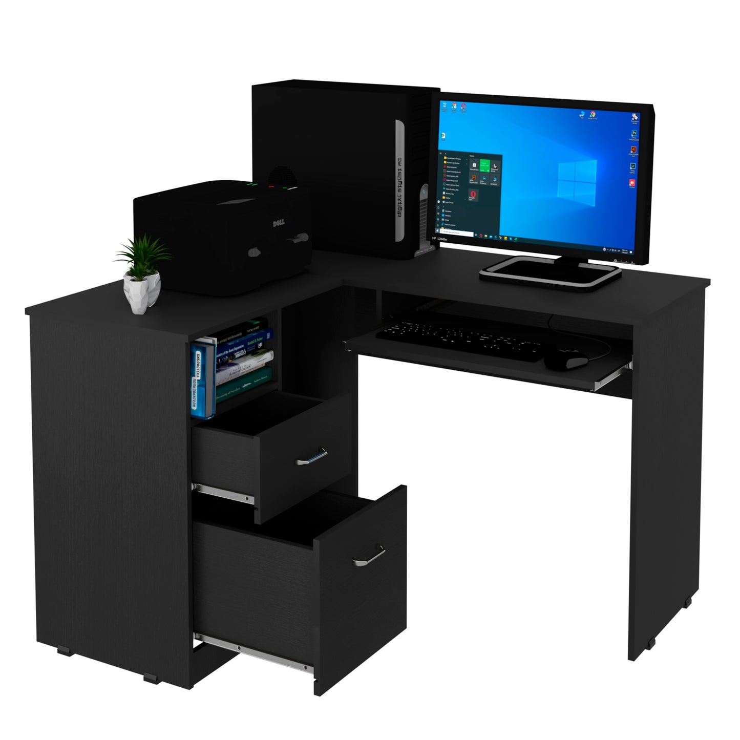 Modern black Lshaped desk with builtin computer keyboard tray and storage drawers