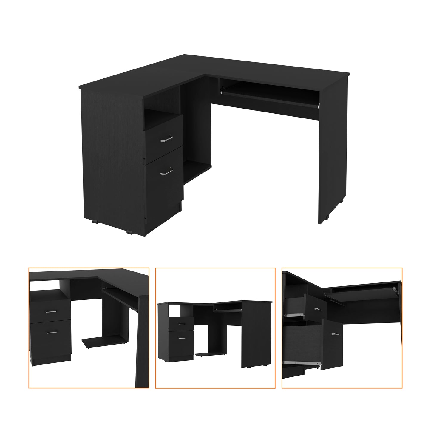 Black Lshaped computer desk with two drawers and keyboard tray