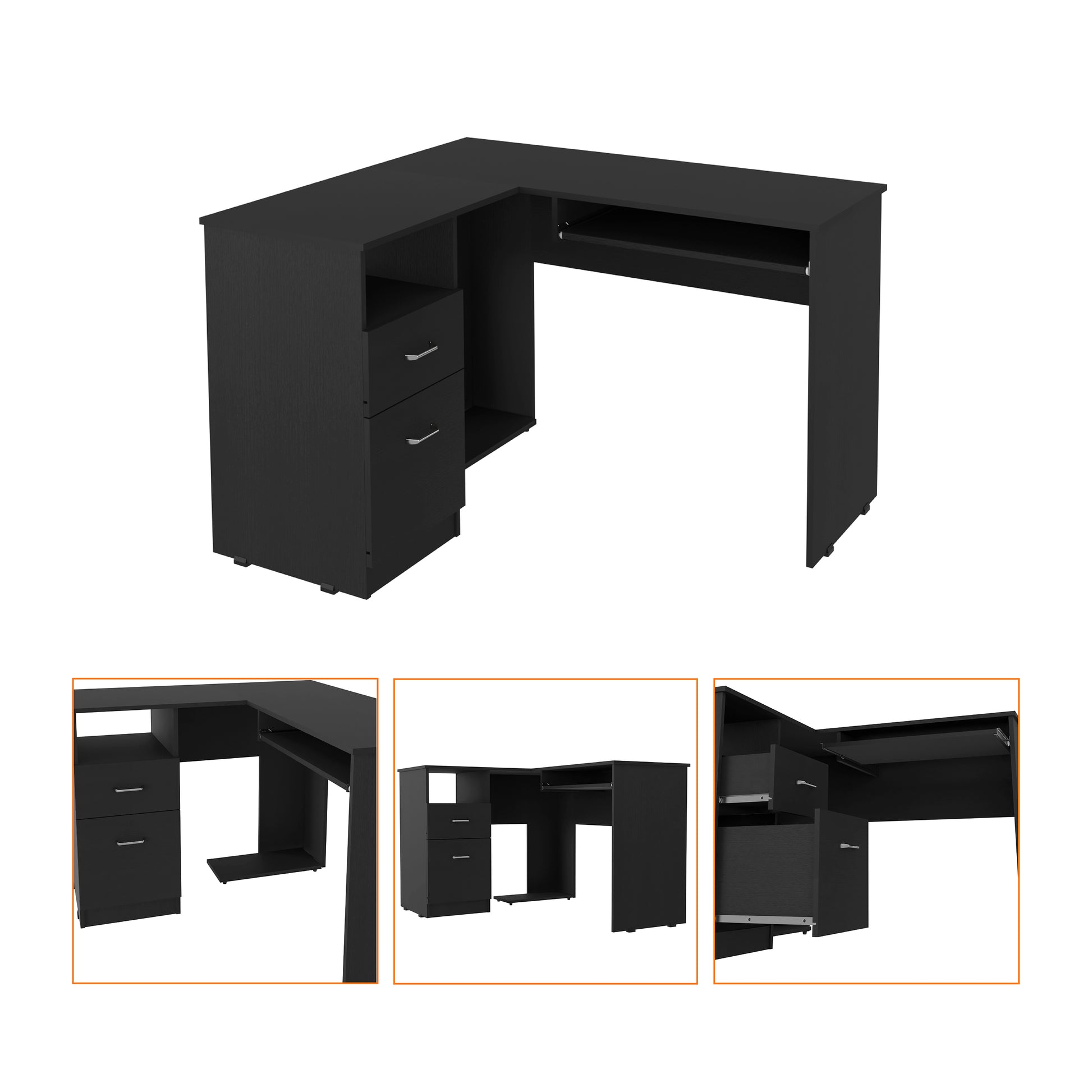 Black Lshaped computer desk with two drawers and keyboard tray