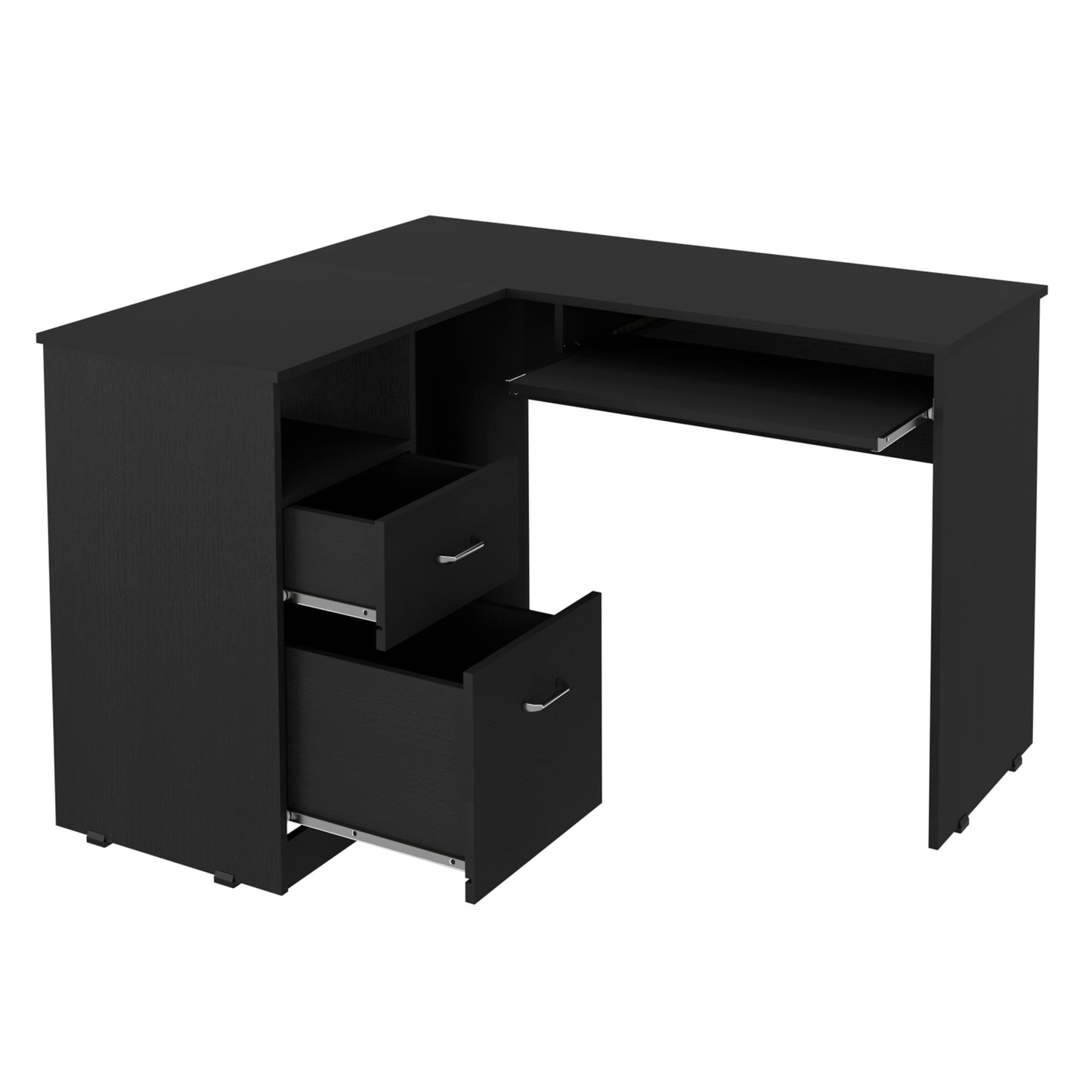 Black Lshaped computer desk with pullout keyboard tray and open shelving