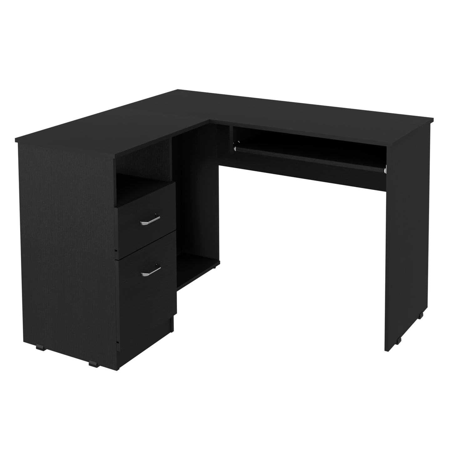 Sleek black Lshaped desk with pullout keyboard tray and two drawers perfect for a modern home office