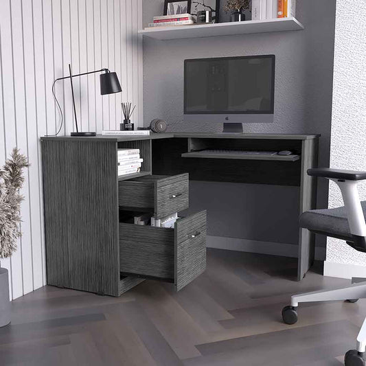 Modern grey wood Lshaped desk with keyboard tray and three drawers