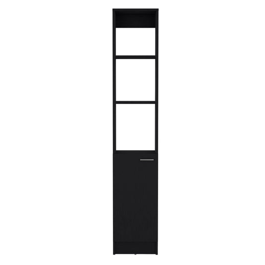 Tall black shelving unit with one cabinet door and three open shelves