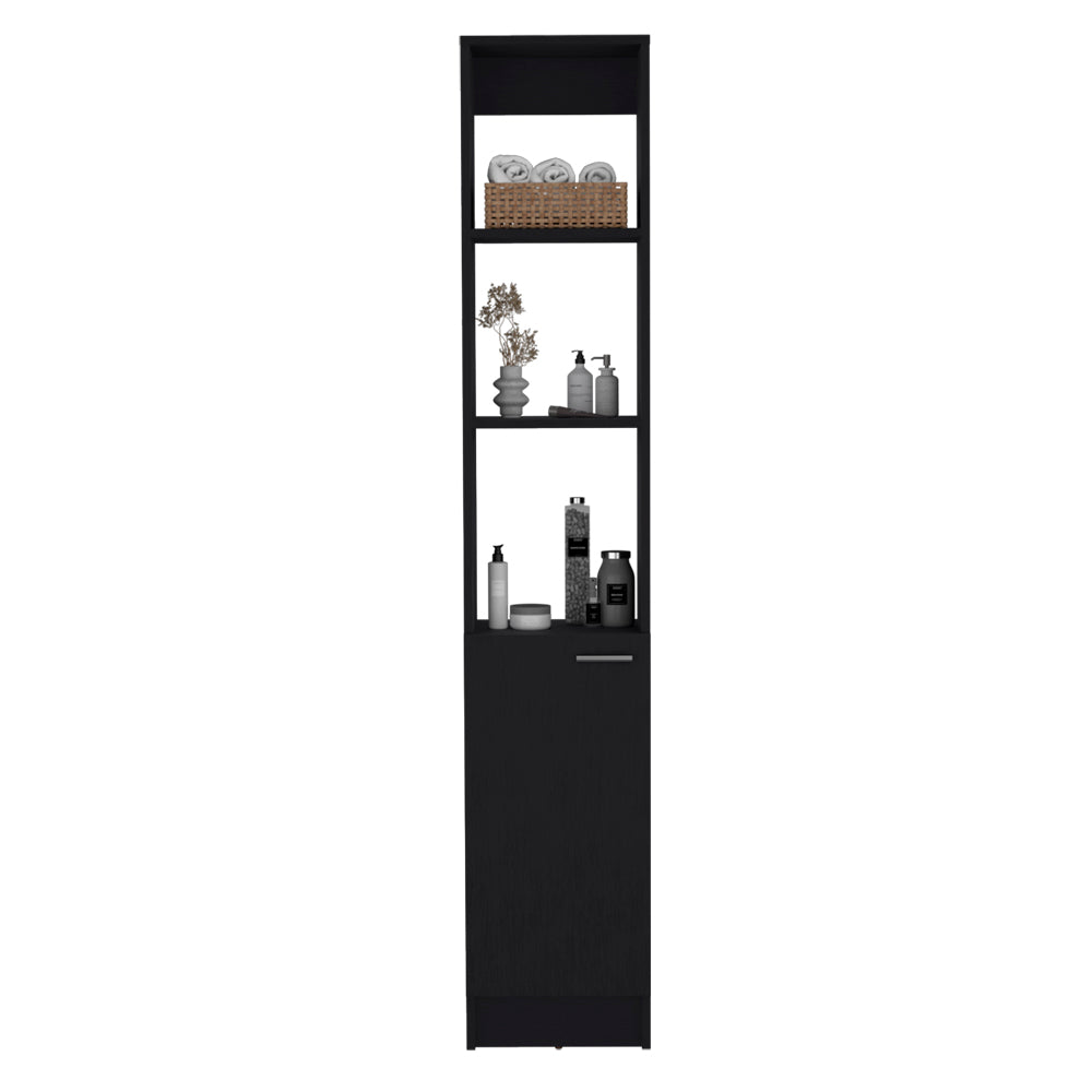 Tall black bathroom storage cabinet with open shelves and one door