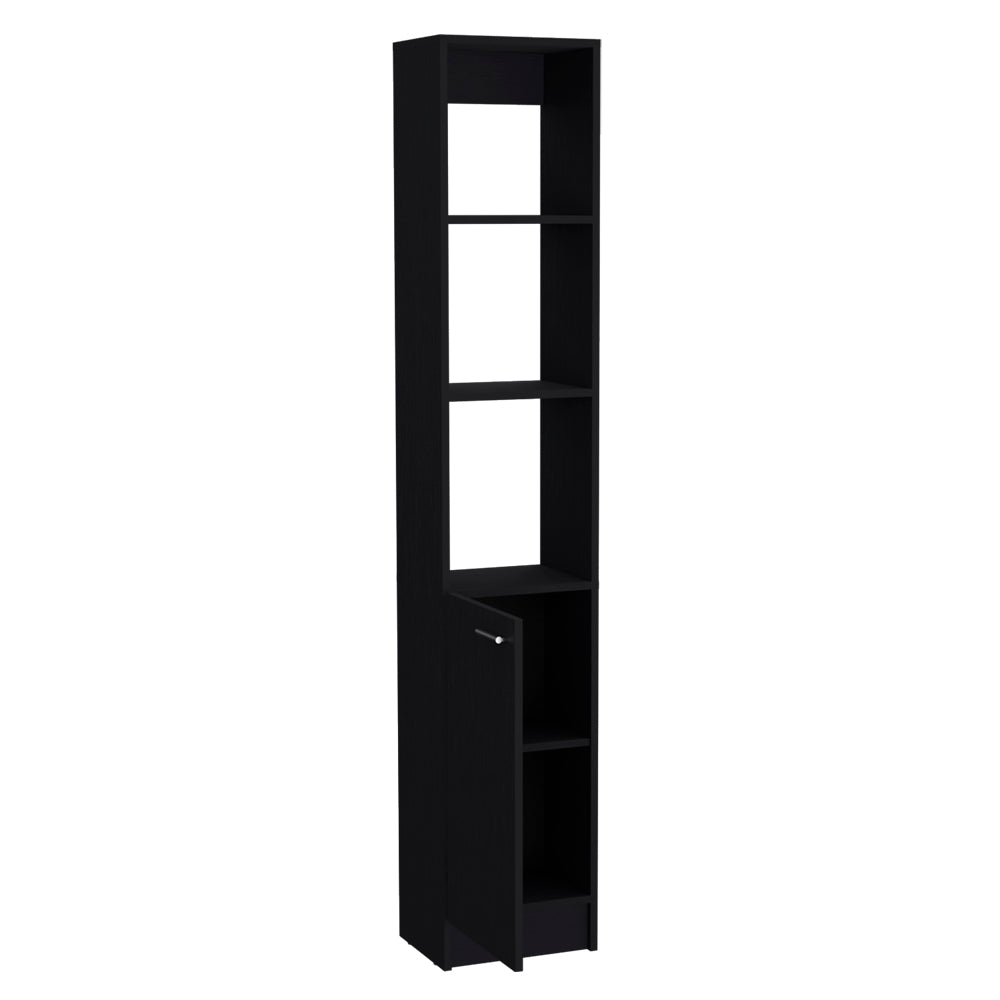 Sleek black tall narrow storage cabinet with open shelves and one door