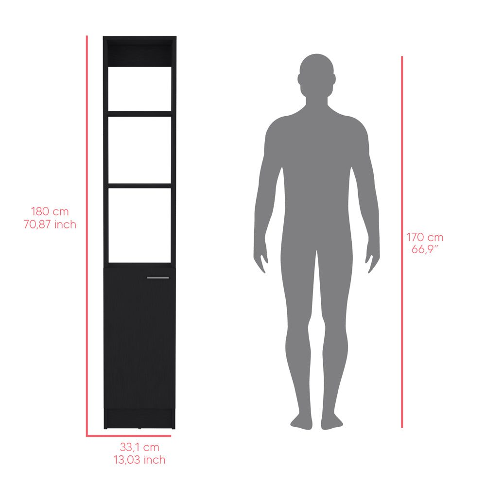 Black tall shelving unit with one cabinet cm high next to a human silhouette for scale