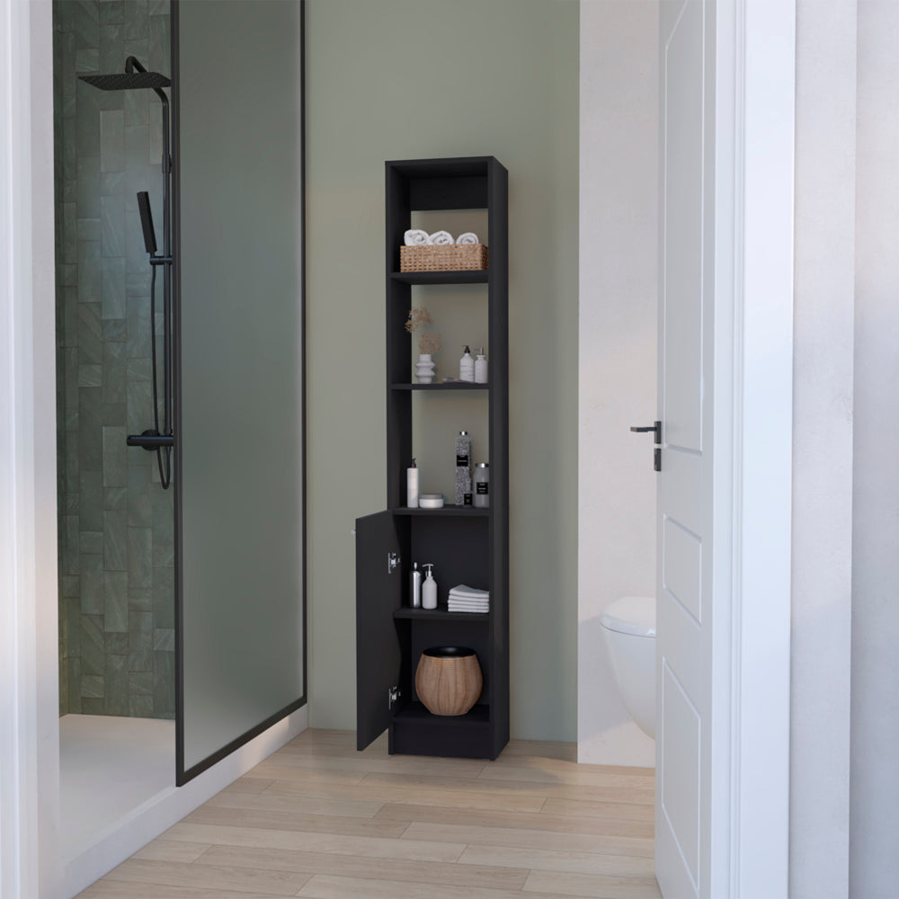 Tall black bathroom cabinet with open door displaying towels bottles and basket