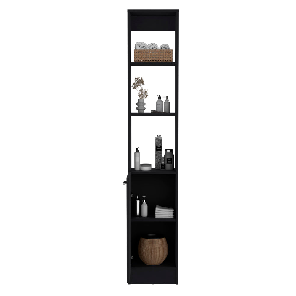 Black tall bathroom storage cabinet with open shelves and a lower cabinet
