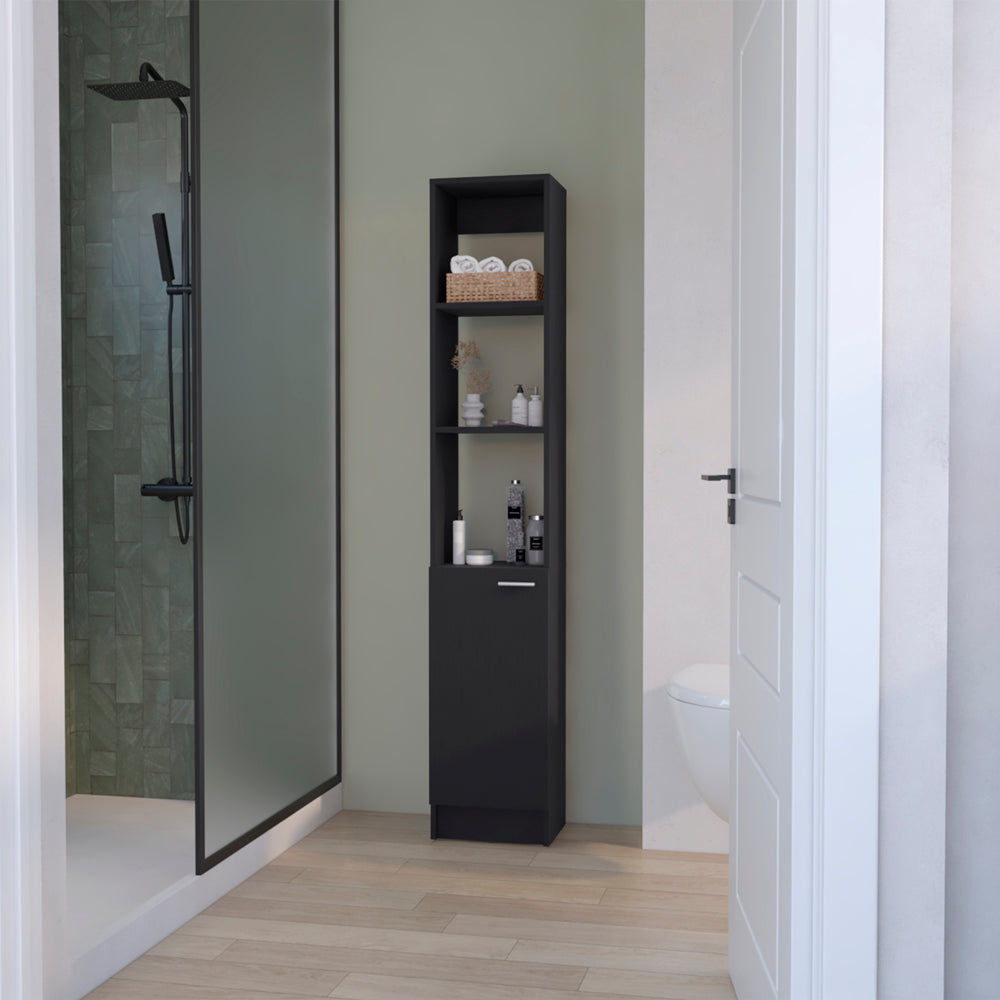 Black tall bathroom cabinet with open shelves holding towels and toiletries