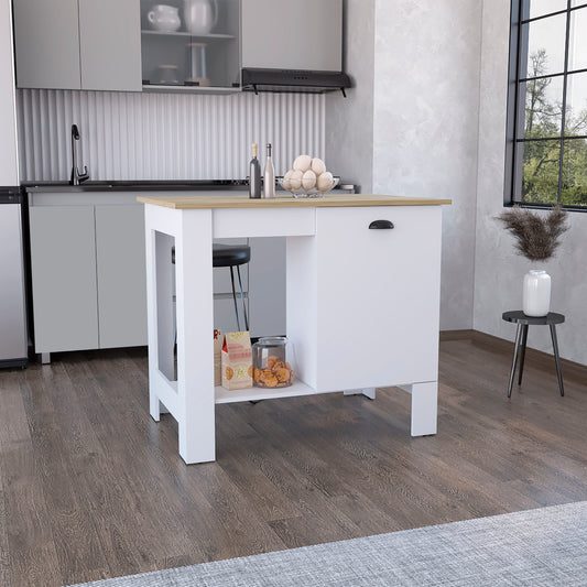 White kitchen island with a light wood countertop and storage drawer