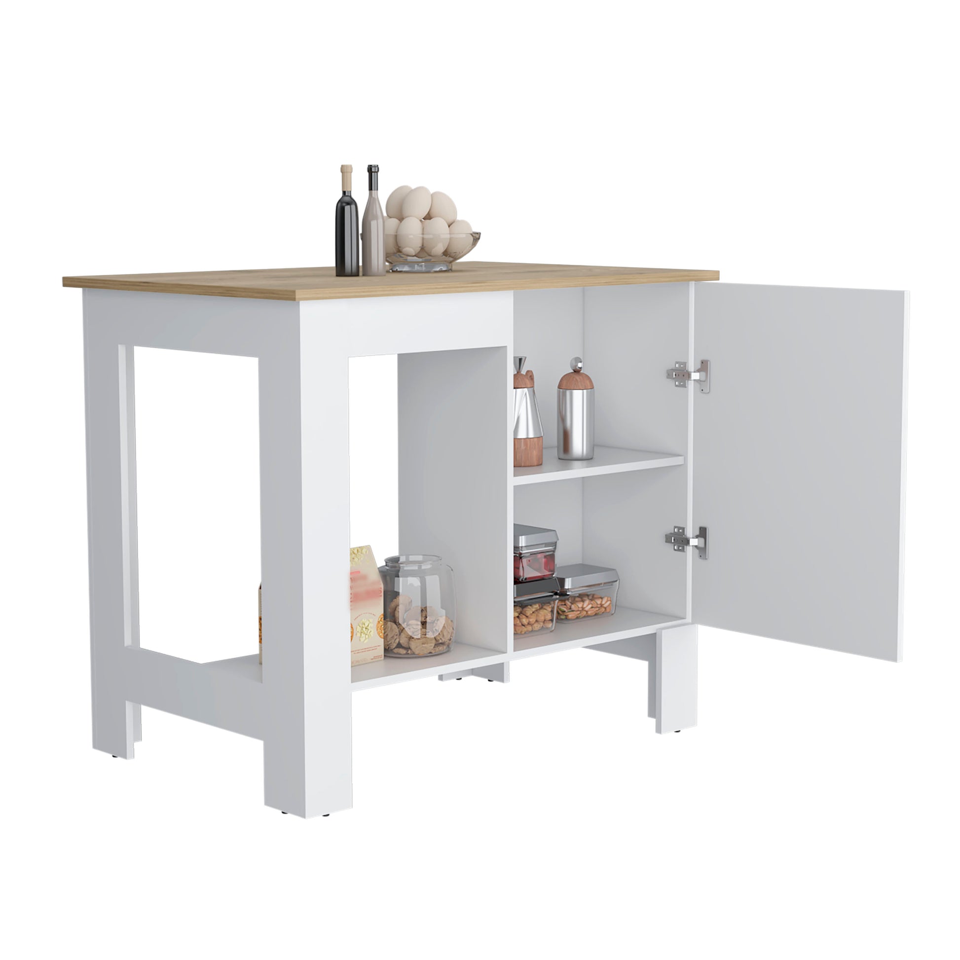 White kitchen island with oak countertop and open cabinet doors