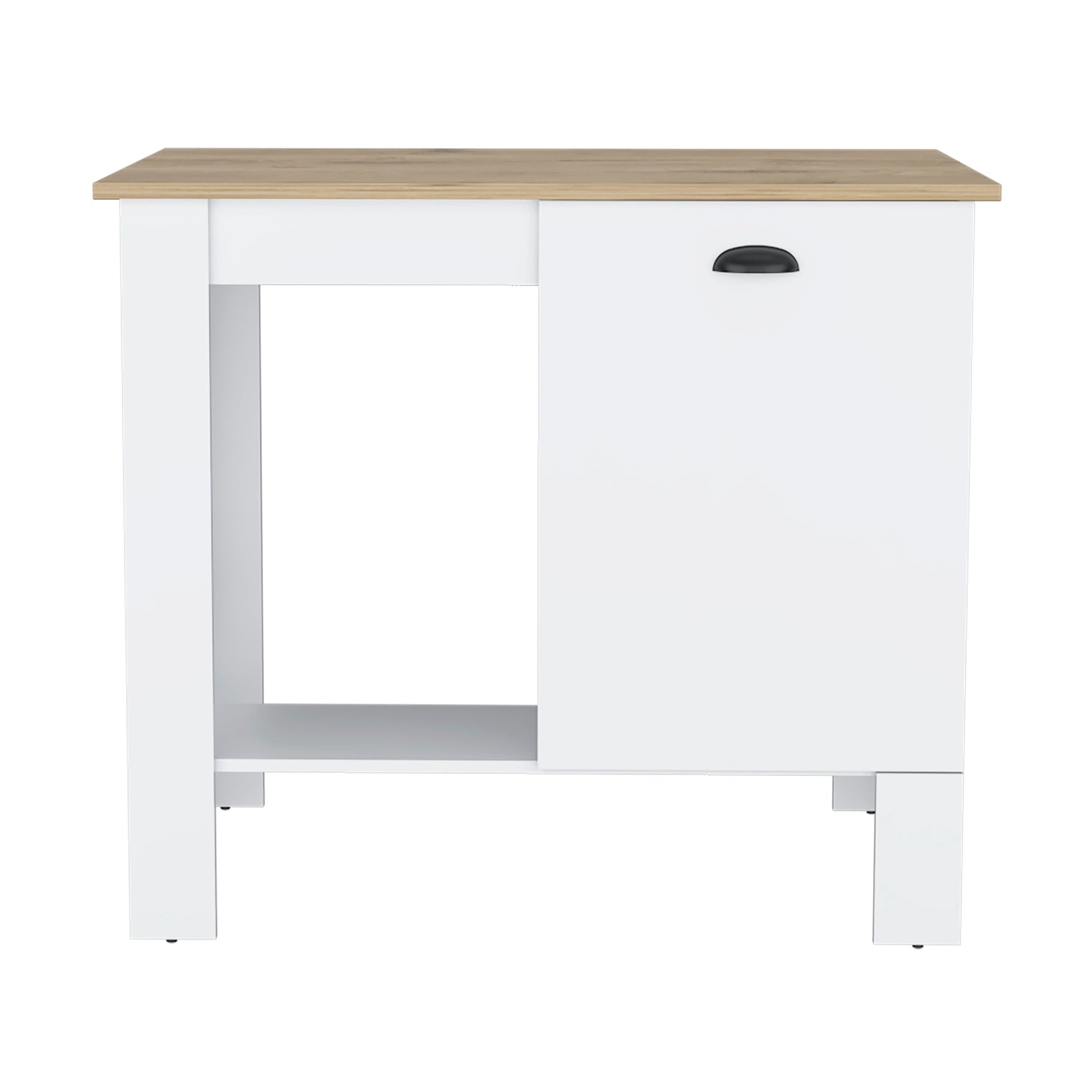 White and wood kitchen island with black handle