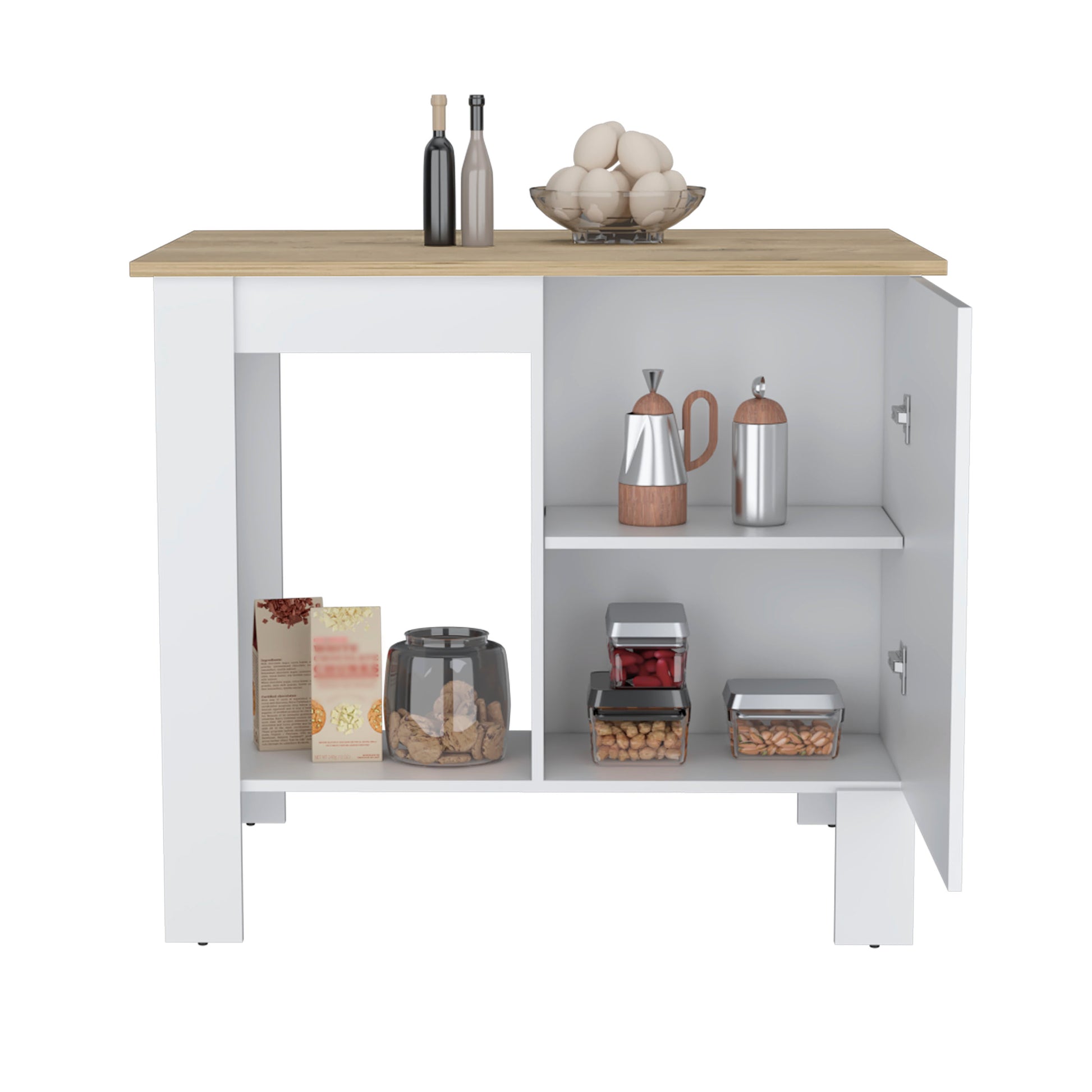 White kitchen island with wood top featuring coffee makers storage jars and packaged snacks