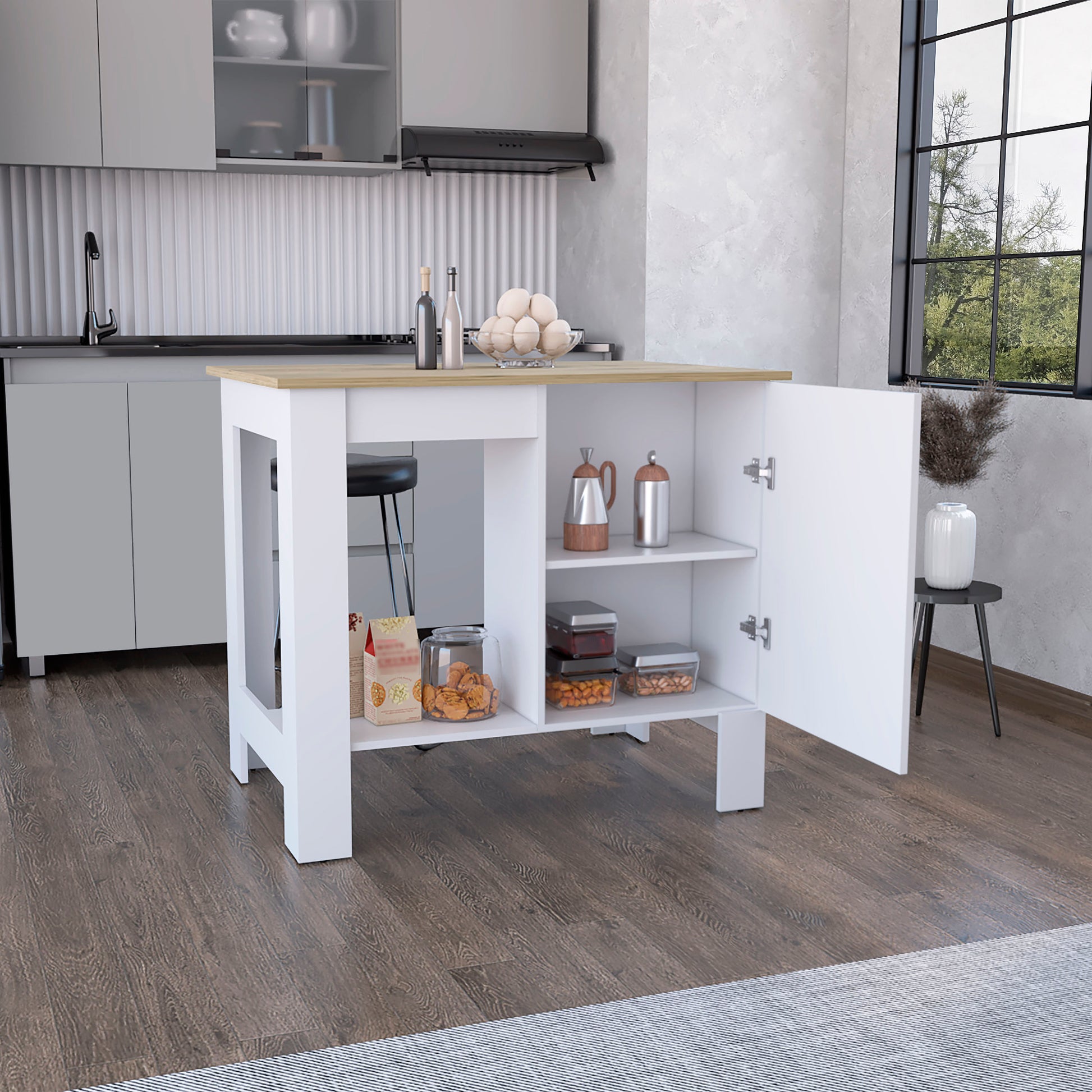 White kitchen island with natural wood countertop and open storage