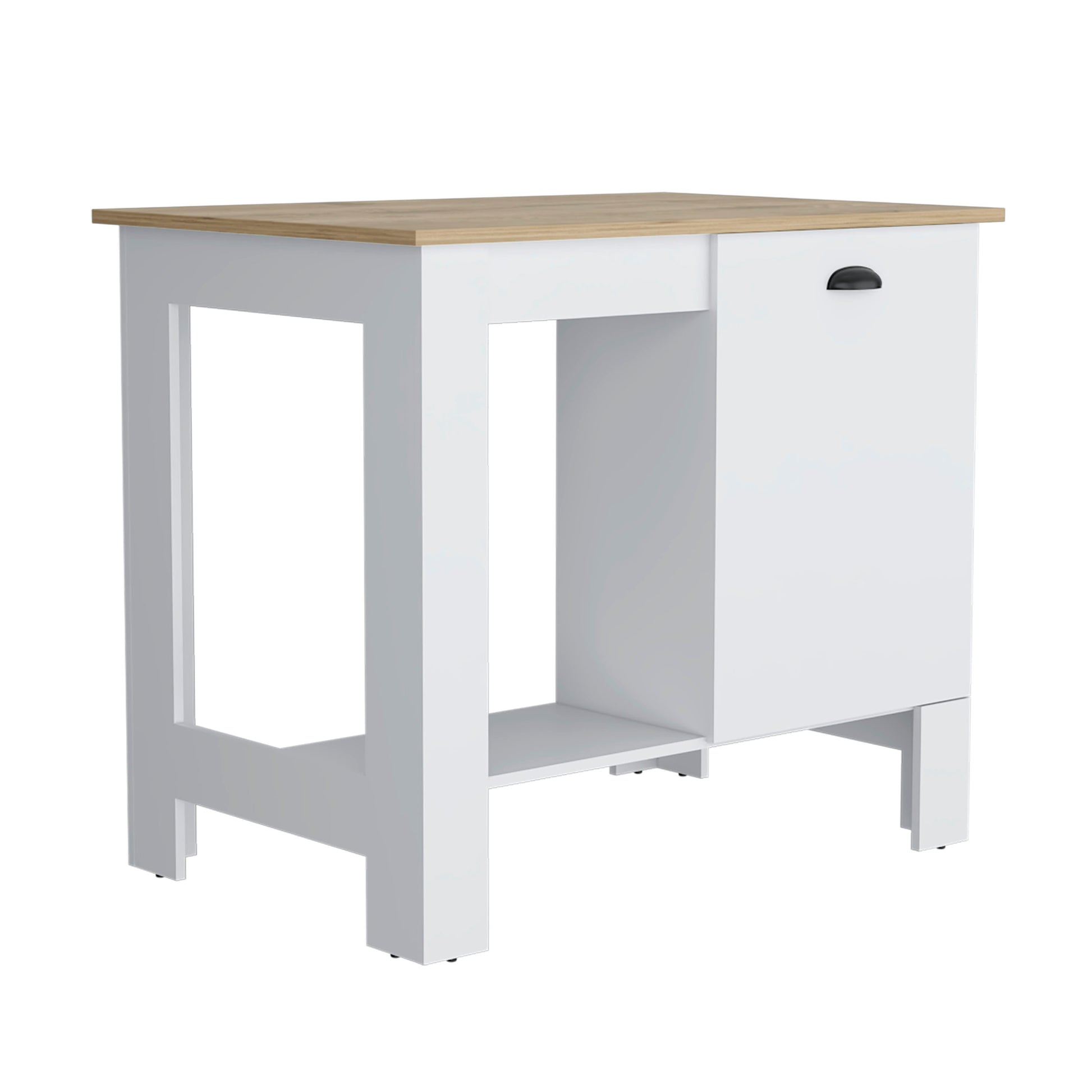 Compact white kitchen island with a natural wood top and single drawer