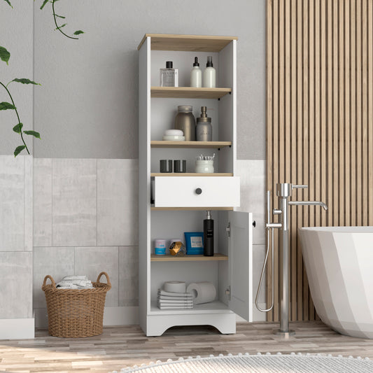 White and oak tall bathroom storage cabinet with open door showing toiletries