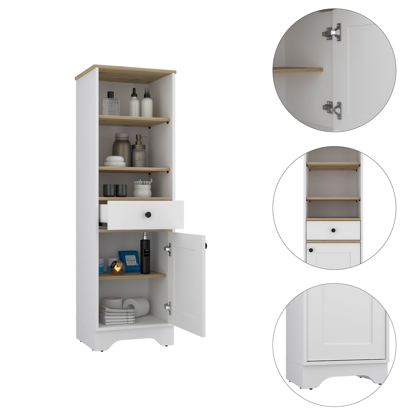 White and oak tall bathroom cabinet with open doors displaying toiletries
