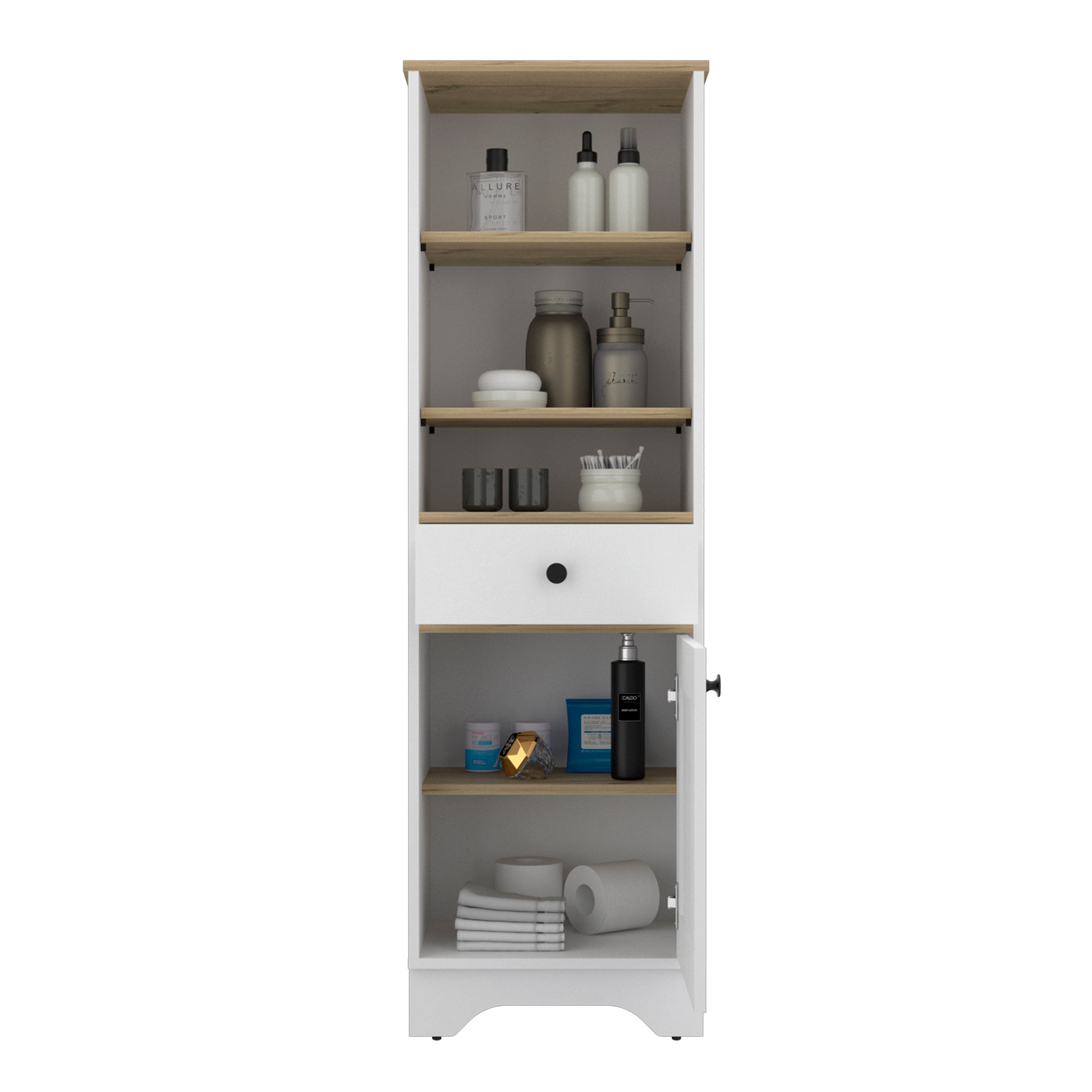 Tall white and wood bathroom cabinet with open shelves showcasing toiletries