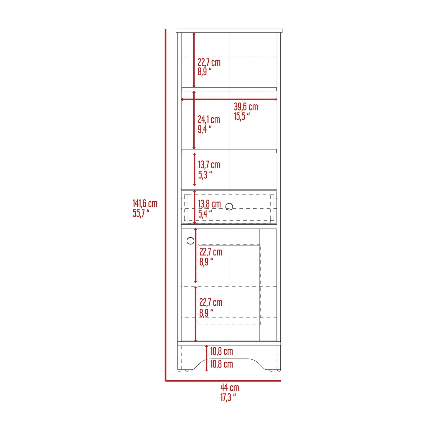 Tall bookshelf with open shelves and one drawer cm height