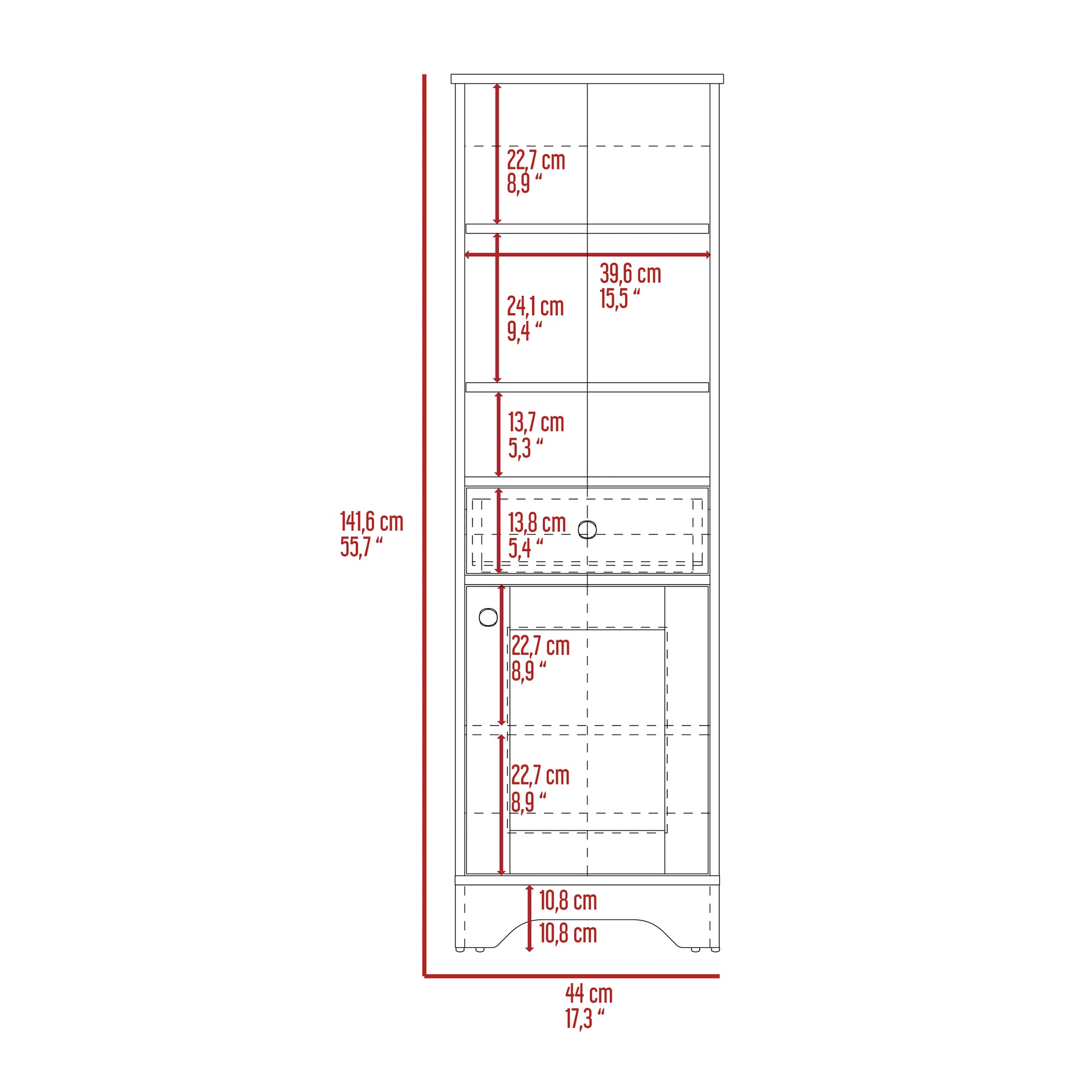 Tall bookshelf with open shelves and one drawer cm height