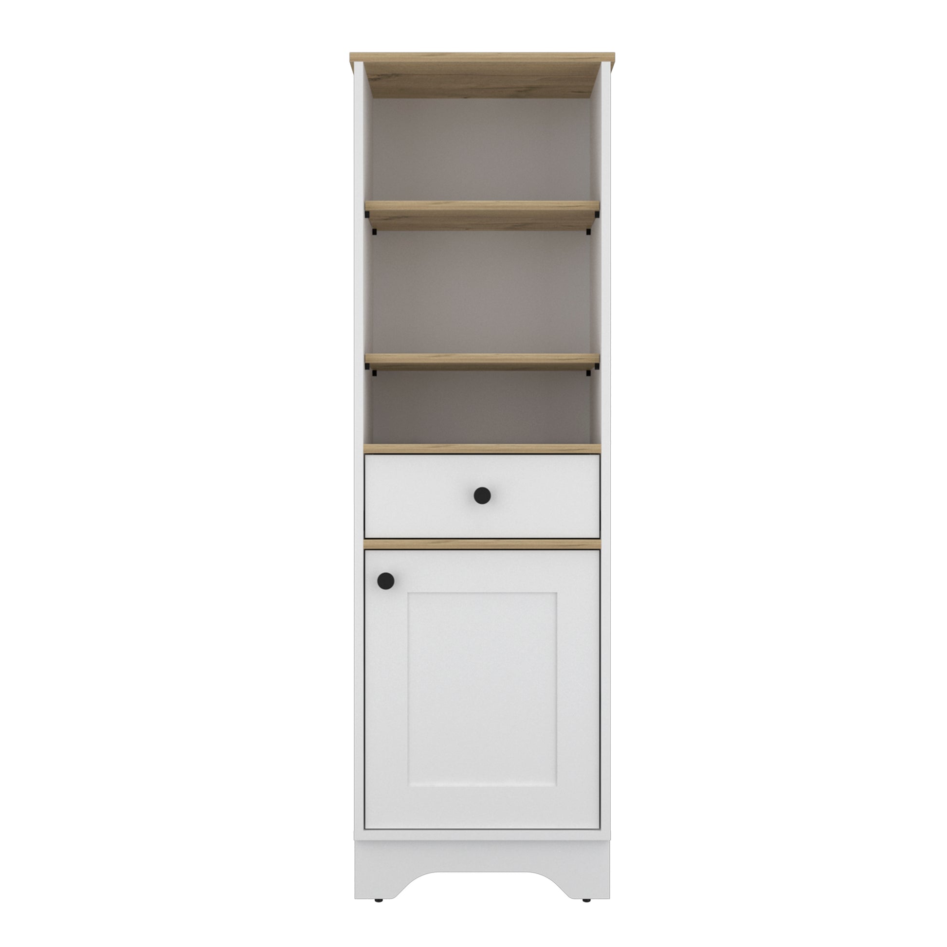 White tall cabinet with wood accent shelves and drawer