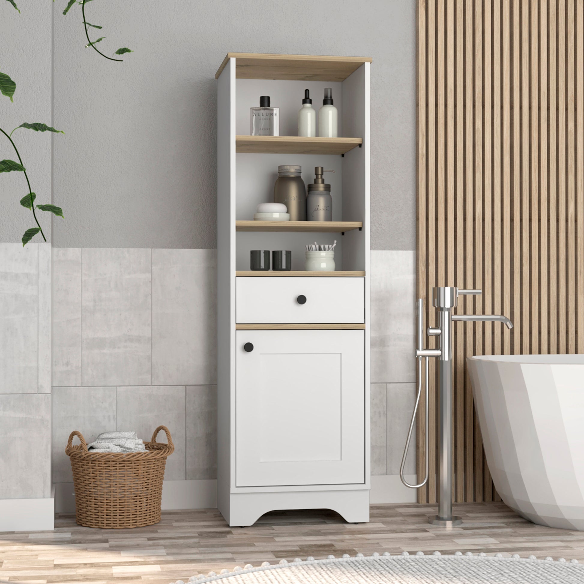 White and oak bathroom storage cabinet with open shelves and a closed cabinet section