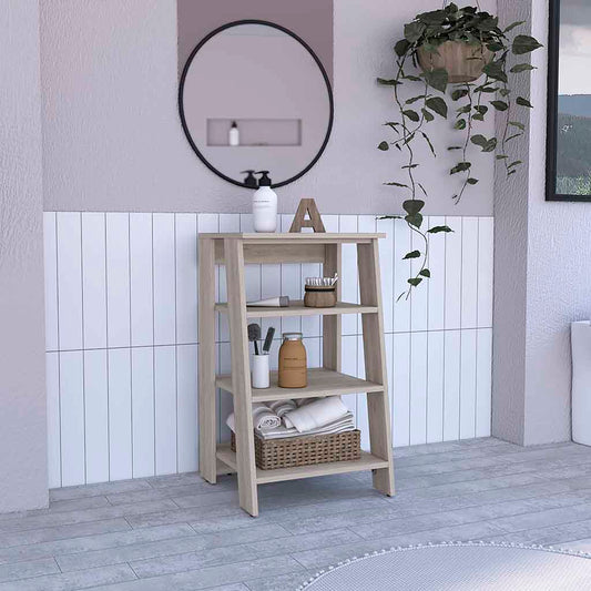 Light oak wood ladder shelf with three shelves holding bathroom essentials