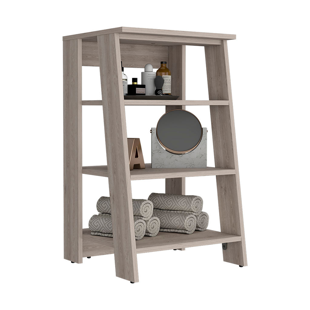 Modern grey wood ladder shelf with bathroom accessories and folded towels