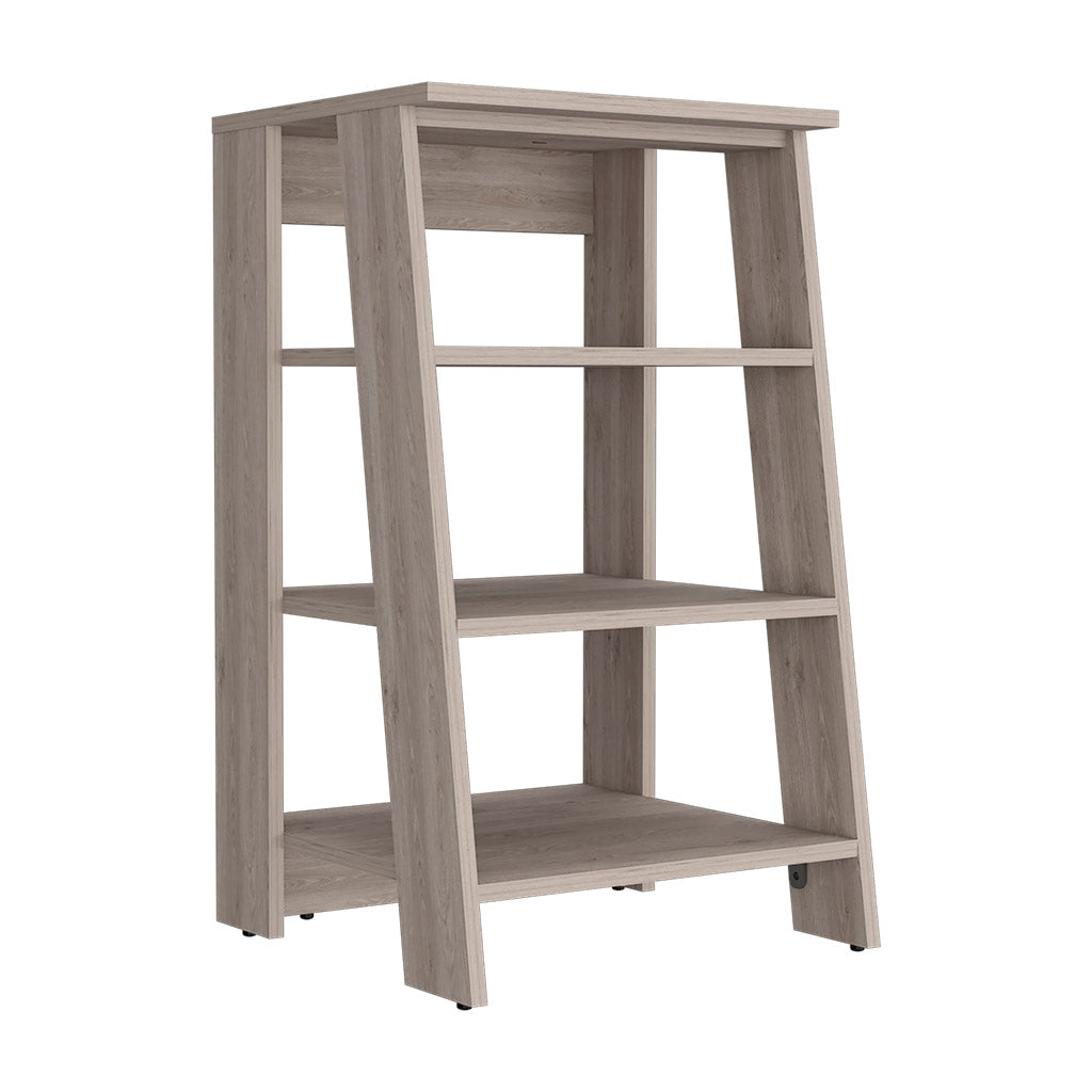 Modern leaning bookshelf with four open shelves in a light oak finish ideal for home offices