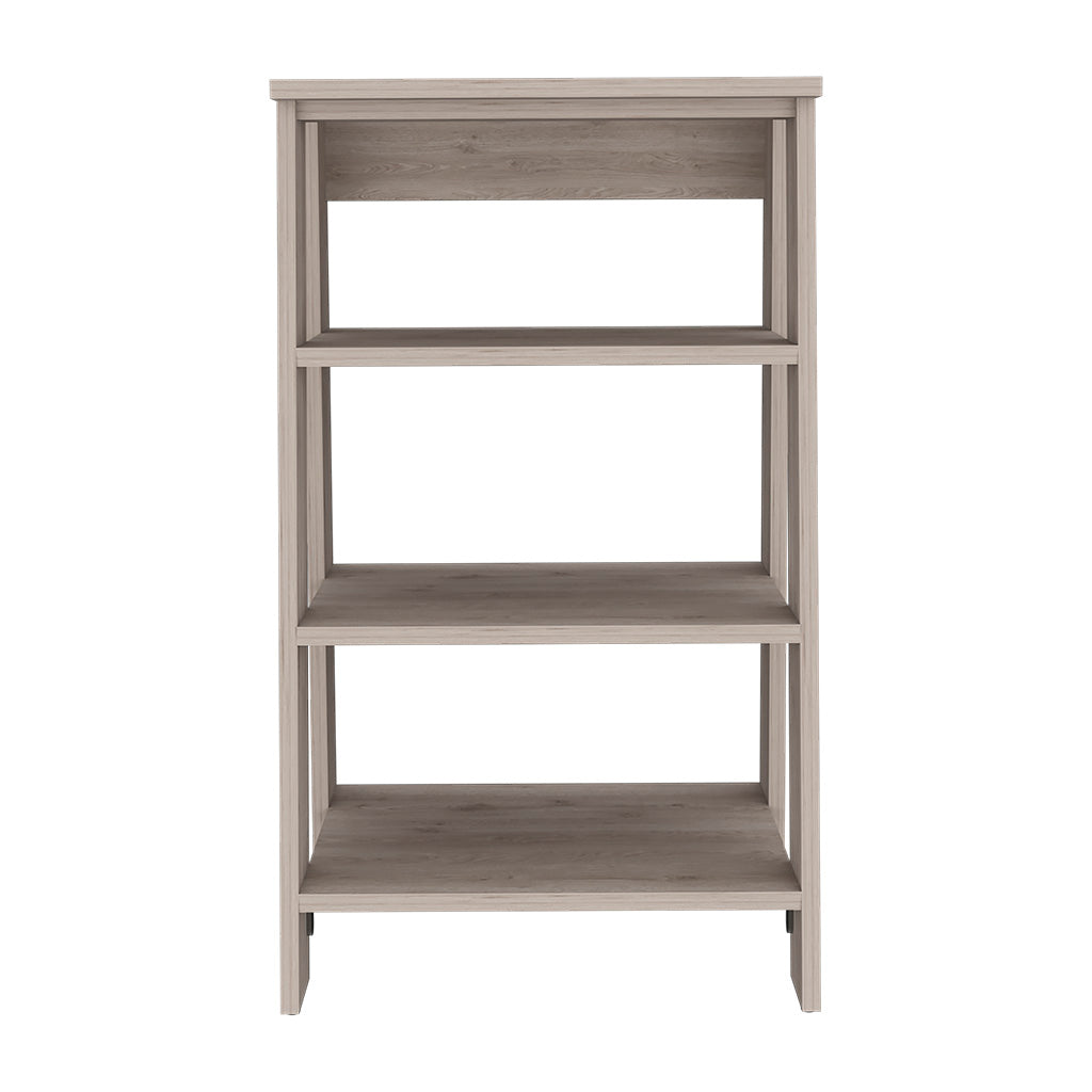 Modern fourtier bookshelf with a grey wash wood grain finish and open back design