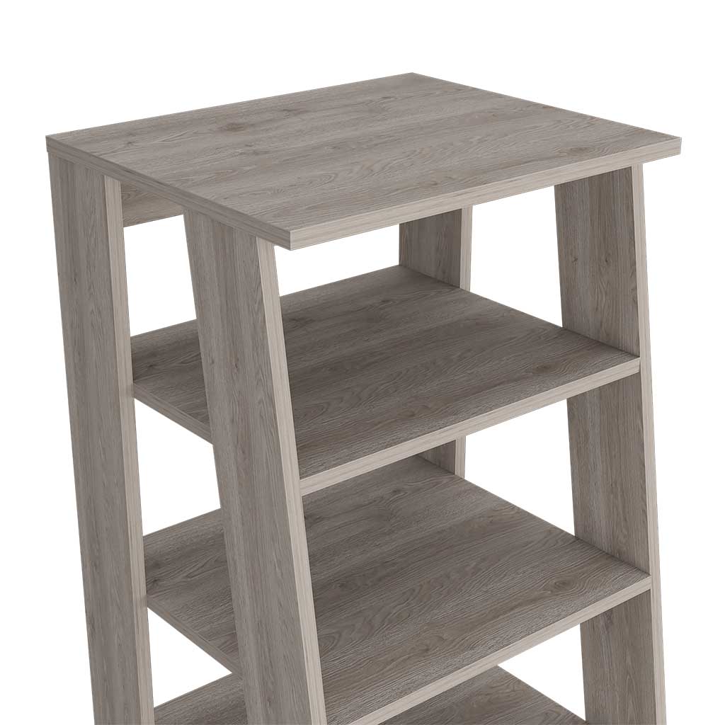 Tall grey wood veneer bookshelf with open shelving and clean lines