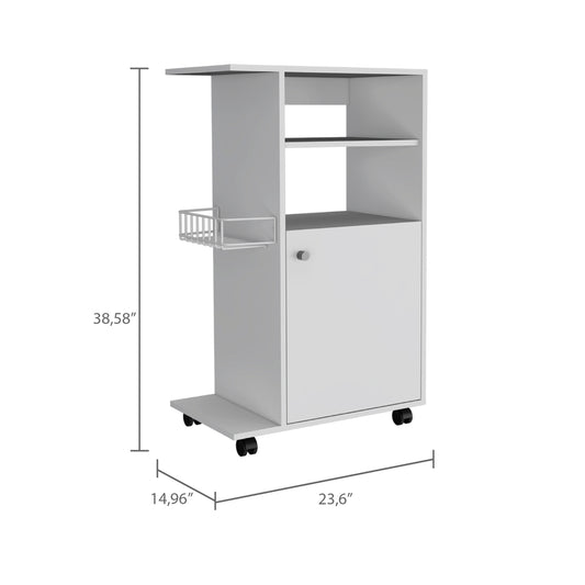 White rolling kitchen cart with two shelves and a cabinet compartment