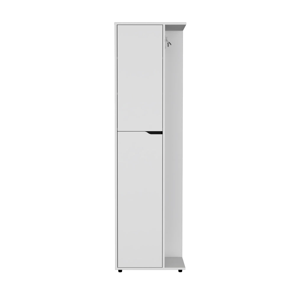 Modern white entryway cabinet with single hanging hook and storage