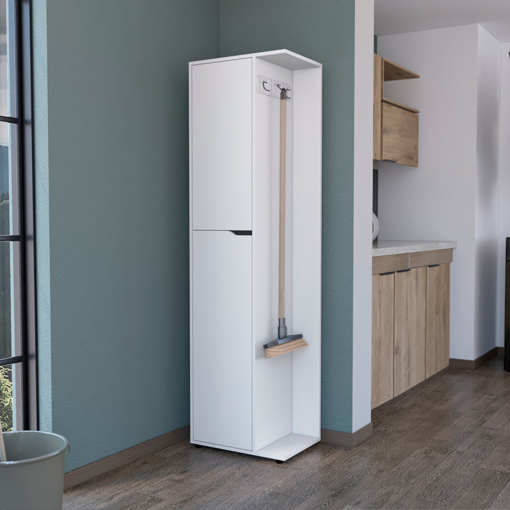Modern white broom storage cabinet with integrated hooks for cleaning tools