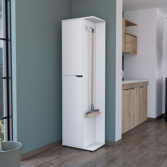 Modern white broom storage cabinet with integrated hooks for cleaning tools