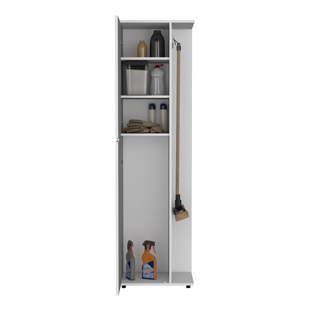 Tall white utility cabinet with shelves holding cleaning supplies and broom