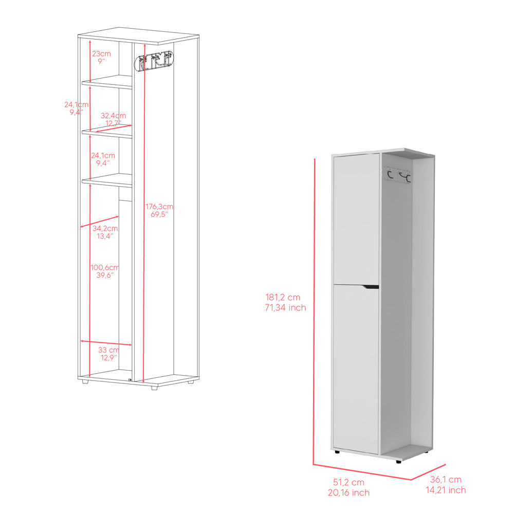 White narrow hallway cabinet with open shelves and two coat hooks