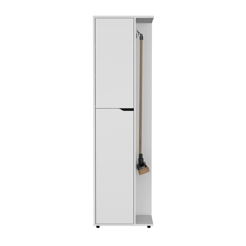 White modern storage cabinet with broom holder