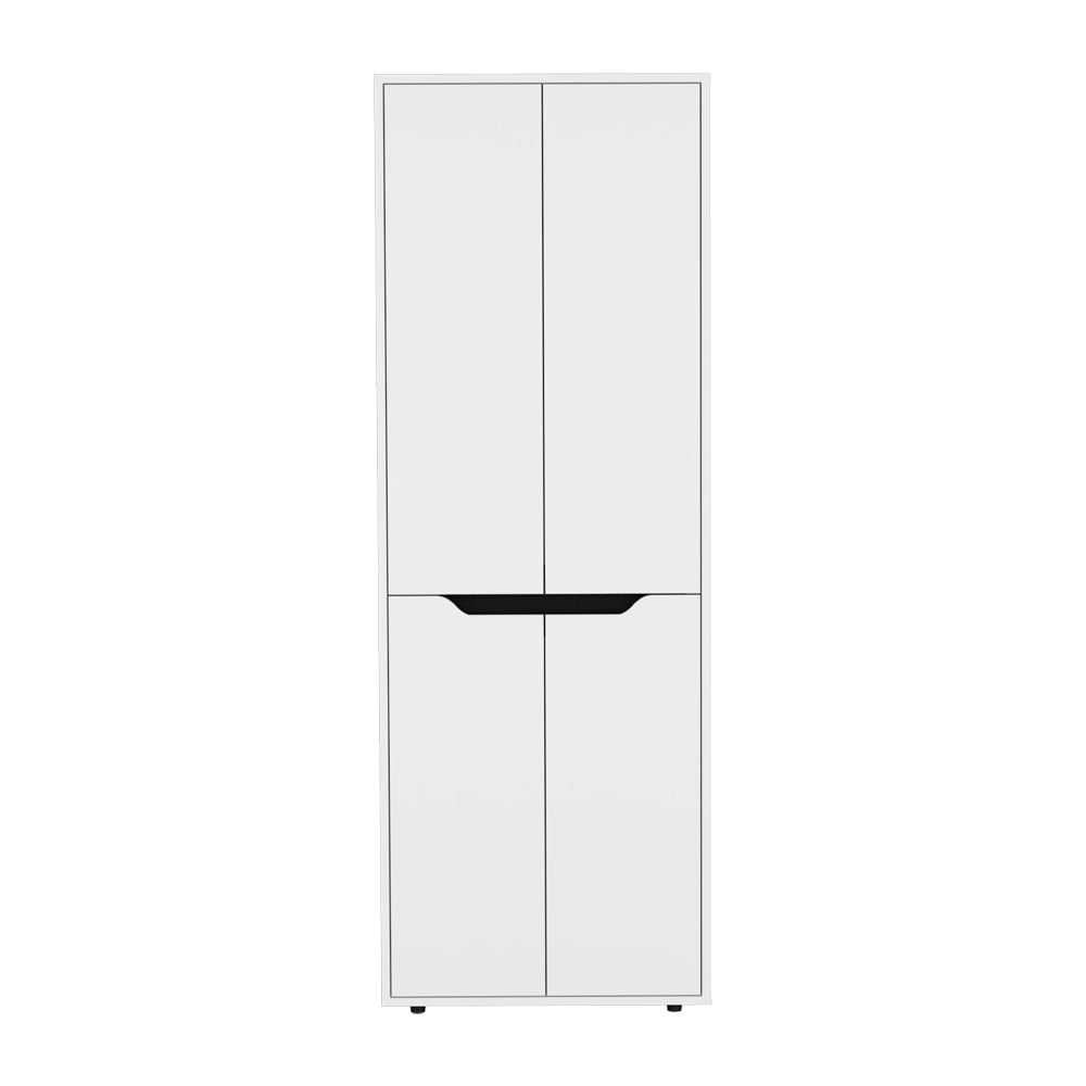 Tall white storage cabinet with four doors and modern black handle