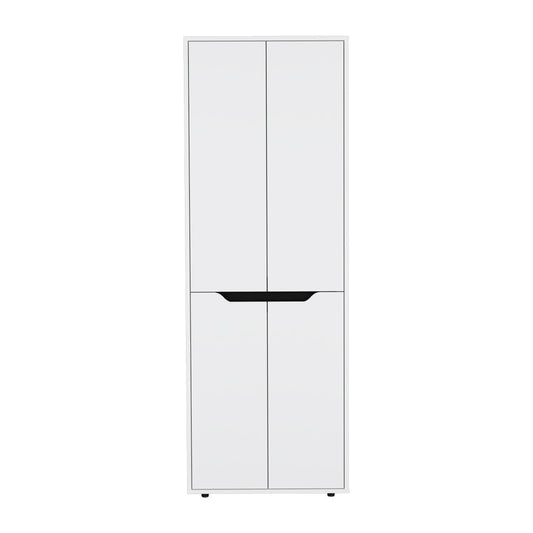 Tall white storage cabinet with four doors and modern black handle