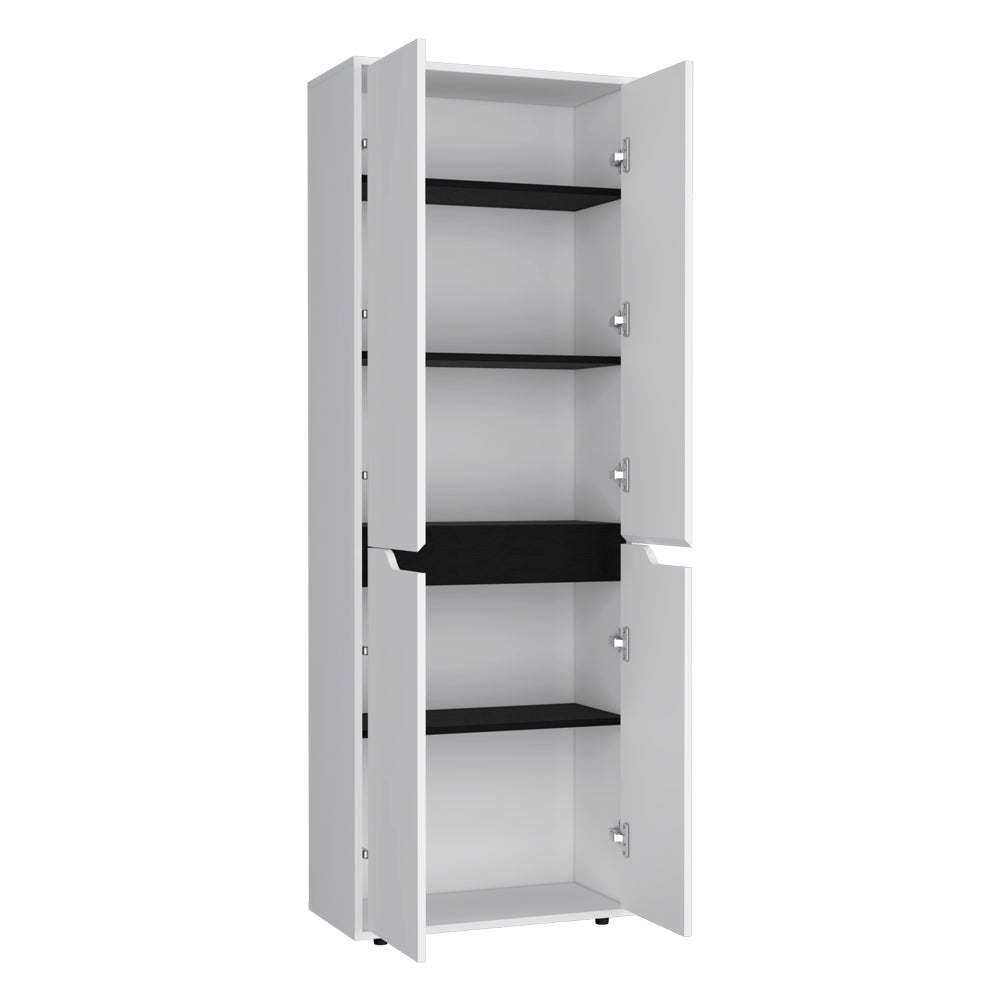 Tall white storage cabinet with four black shelves and open doors ideal for home organization