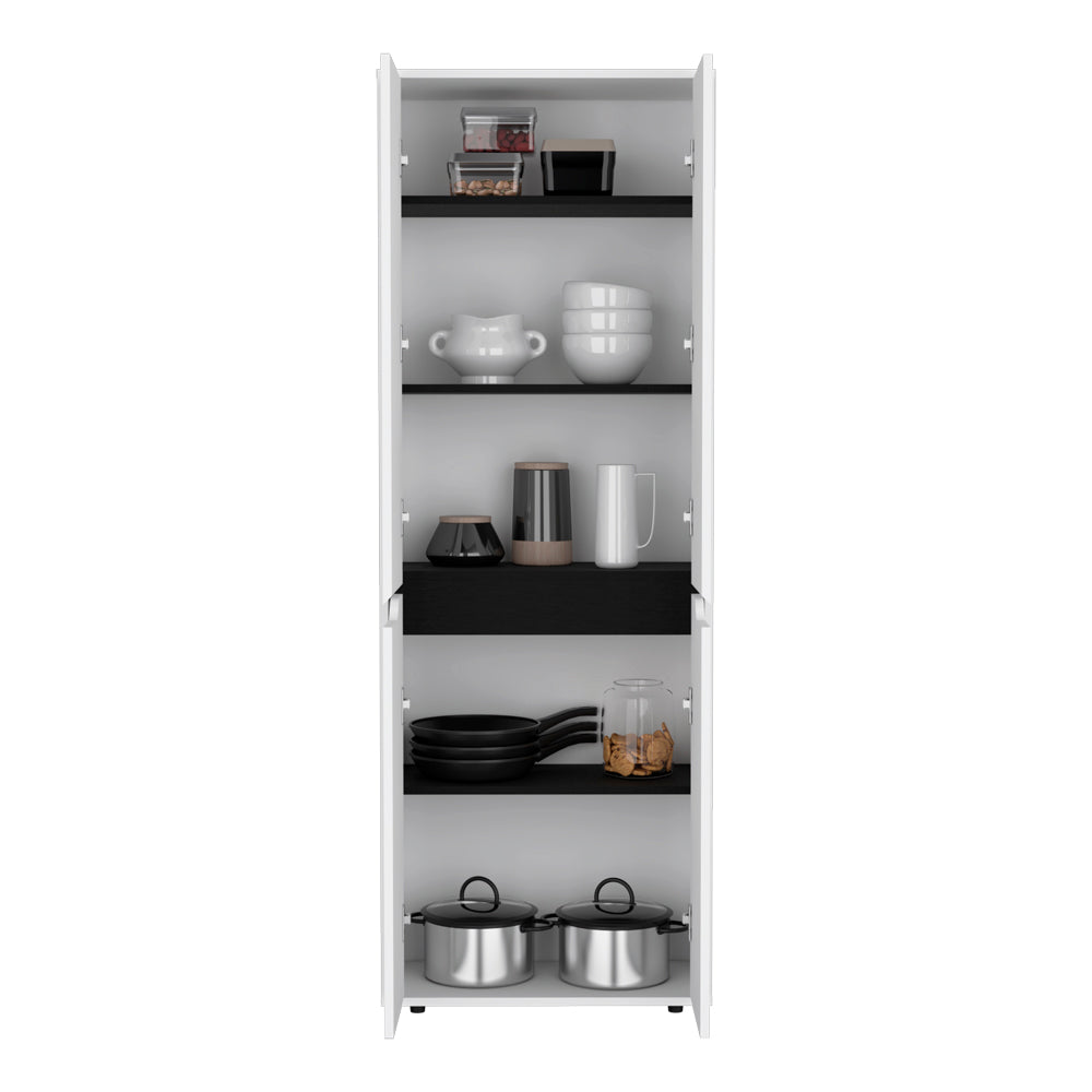 White kitchen pantry cabinet with two doors holding various kitchenware items on shelves
