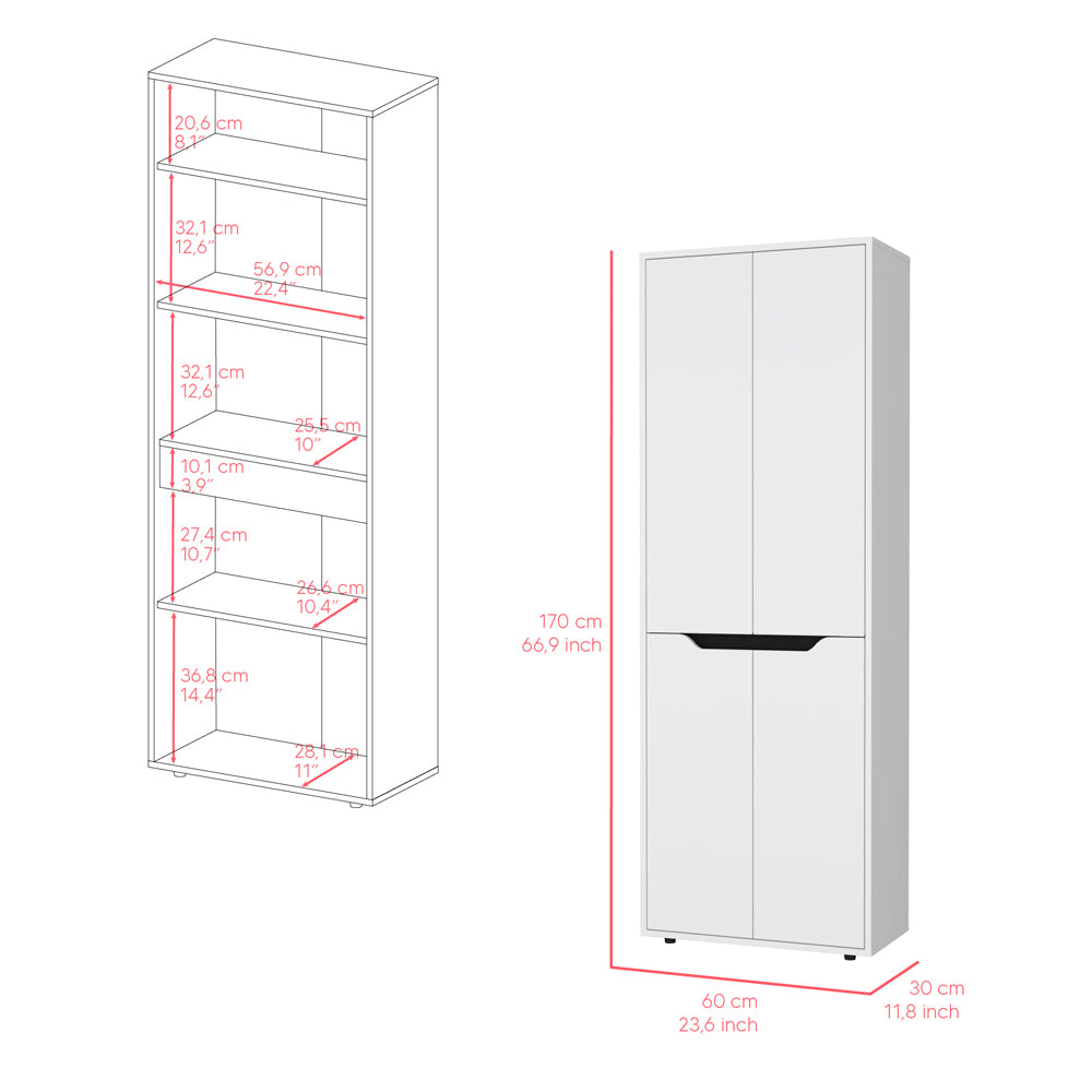 White tall storage cabinet with double doors and multiple shelves for home organization