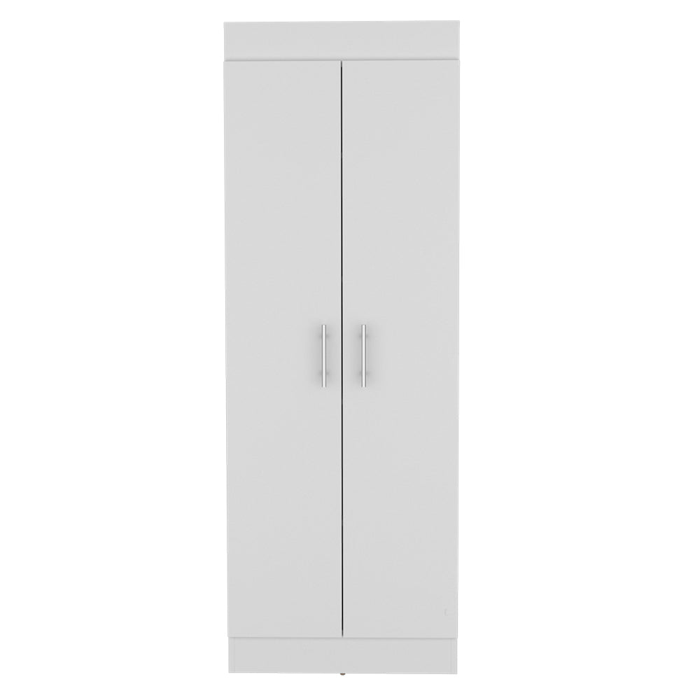 Tall white doubledoor storage cabinet with silver handles