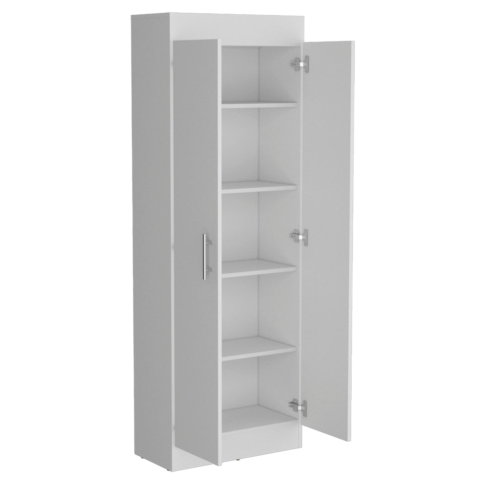 Modern white tall storage cabinet with open doors and five shelves