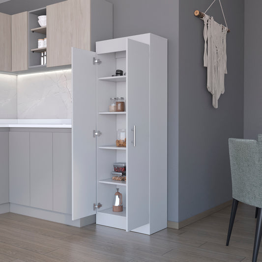 White tall kitchen pantry cabinet with open doors showing shelves of food items