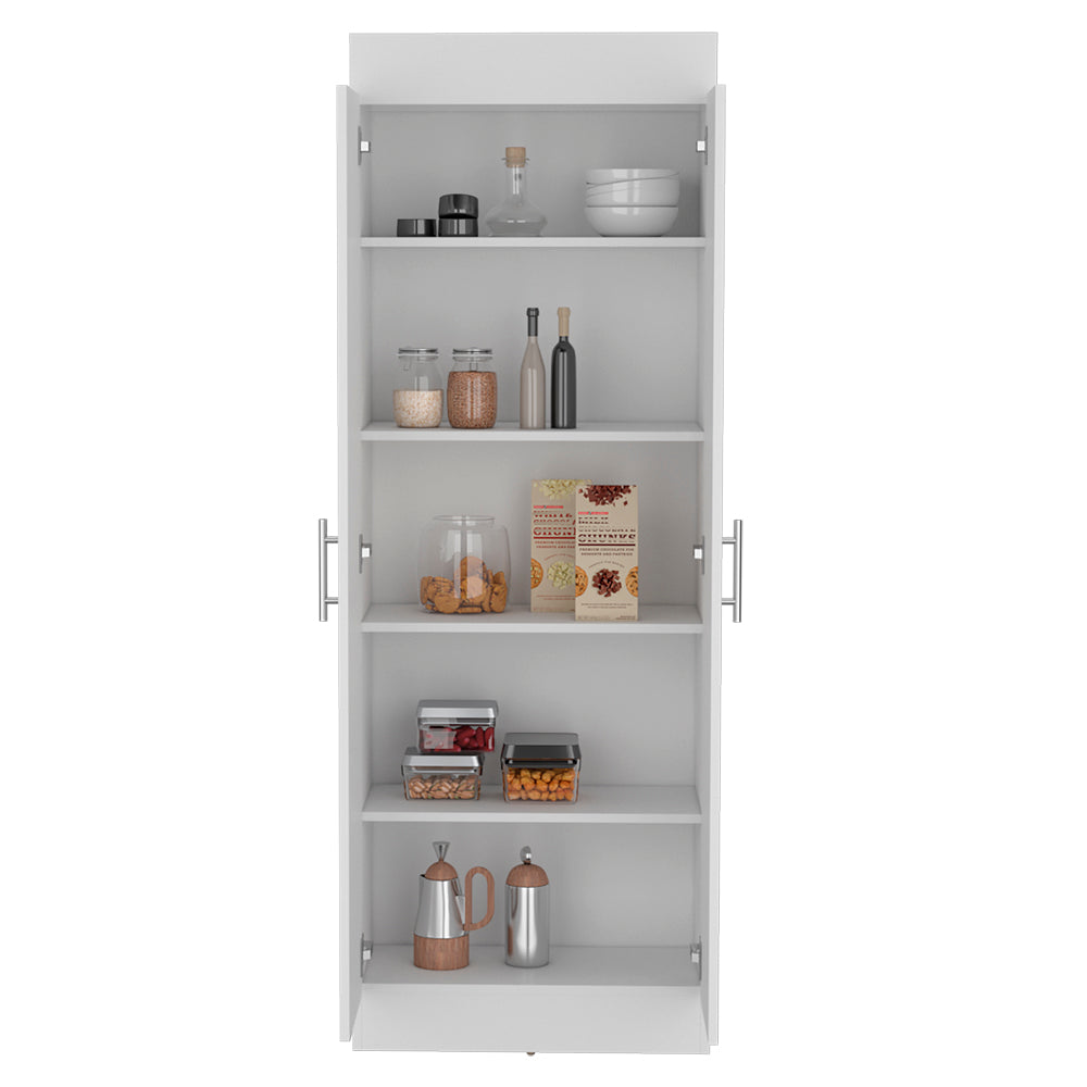 White kitchen pantry cabinet with multiple shelves holding kitchenware and food items