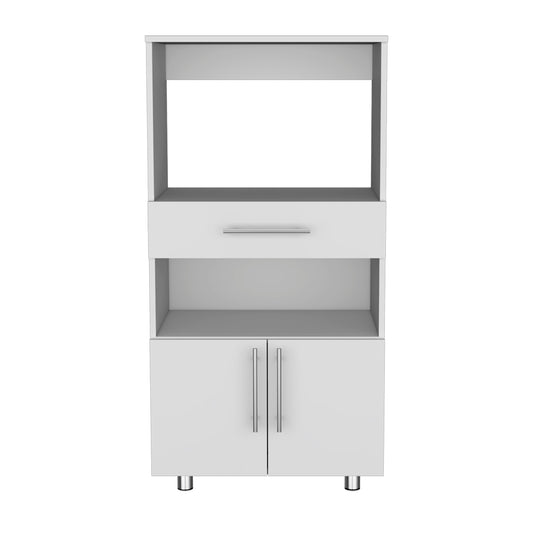 White modern kitchen cabinet with open shelves and drawer