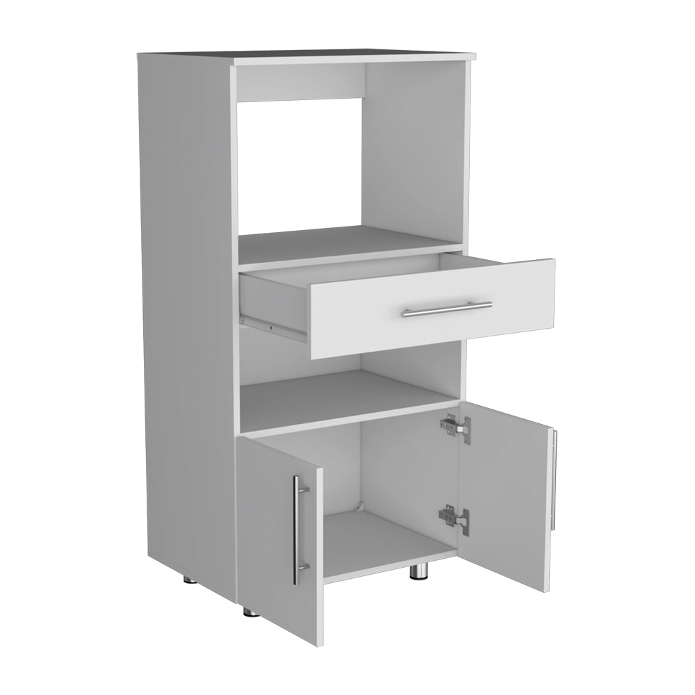White kitchen cabinet with open drawer and double doors ideal for appliance storage